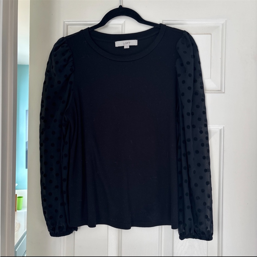 LOFT Black Blouse with Sheer Polka Dot Sleeves